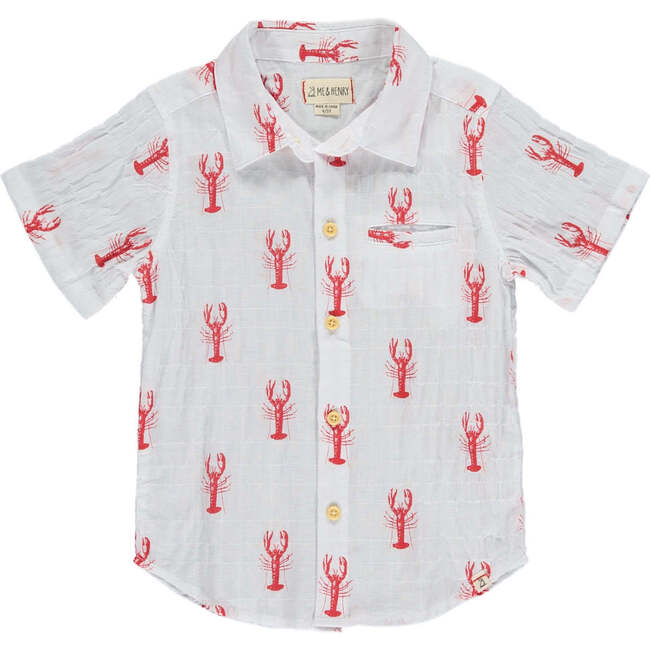 Maui Lobster Print Short Sleeve Shirt, White & Red