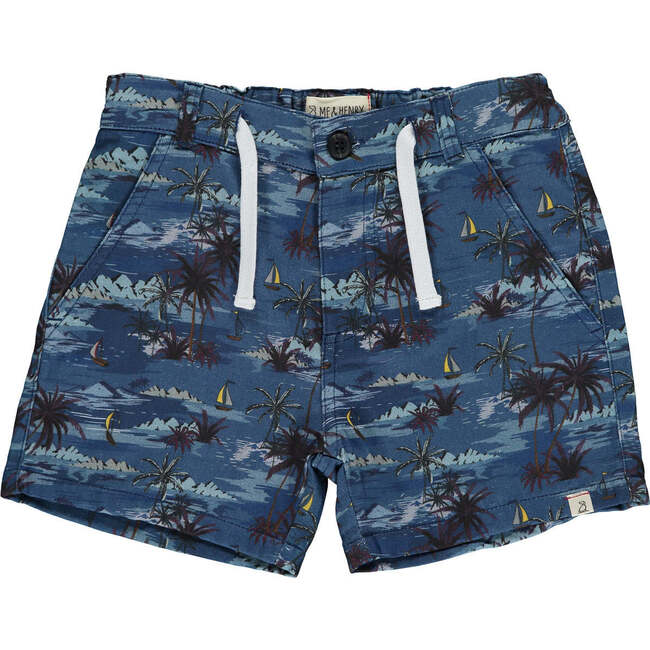 Mahalo Hawaiian Print Woven Drawstring Shorts, Blue