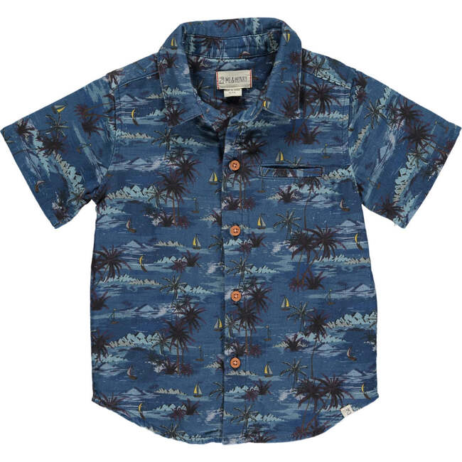 Maui Hawaiian Print Woven Short Sleeve Shirt, Blue
