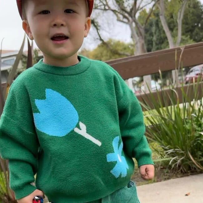 Teal and Green Flower Sweater, Green - Sweaters - 2