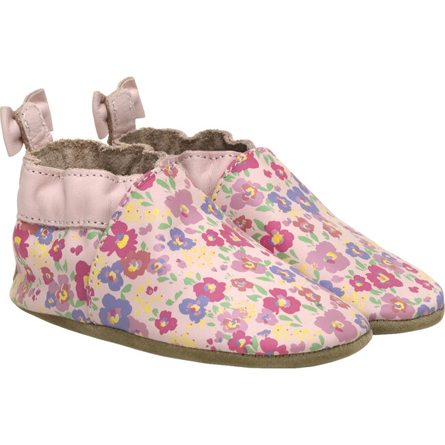 Poppy Floral Print 3D Leather Bow Shoes, Light Pink