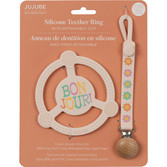 Studio Oh! Silicone Teether Ring With Detachable Clip, Bonjour Bébé