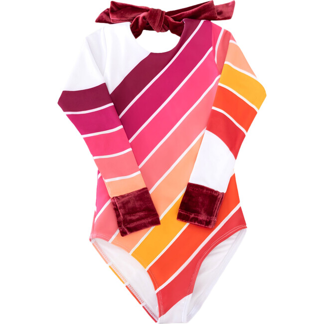 Long Sleeve Velvet Cuff & Back Tie One-Piece Swimsuit, Sunset Beach Rainbow