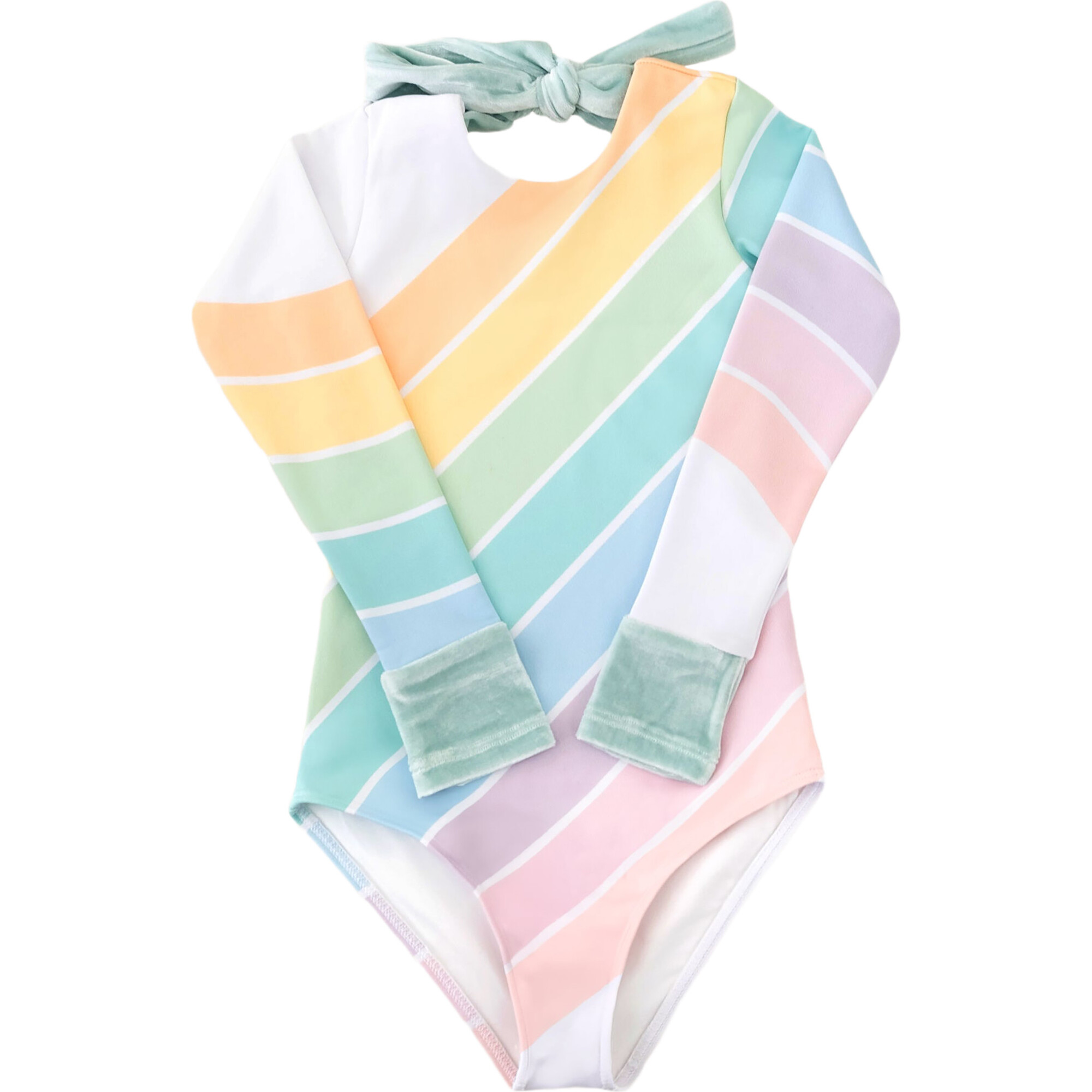 Long Sleeve Velvet Cuff & Back Tie One-Piece Swimsuit, West Coast Rainbow - One Pieces - 1