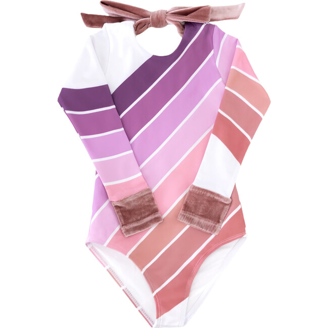 Long Sleeve Velvet Cuff & Back Tie One-Piece Swimsuit, Purple Sands Rainbow
