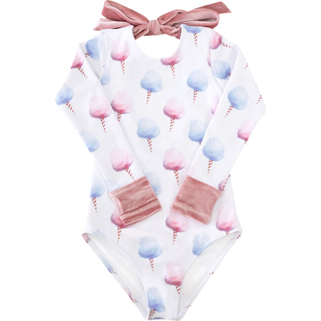 Long Sleeve Velvet Cuff & Back Tie One-Piece Swimsuit, Cotton Candy