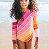 Long Sleeve Velvet Cuff & Back Tie One-Piece Swimsuit, Sunset Beach Rainbow - One Pieces - 2