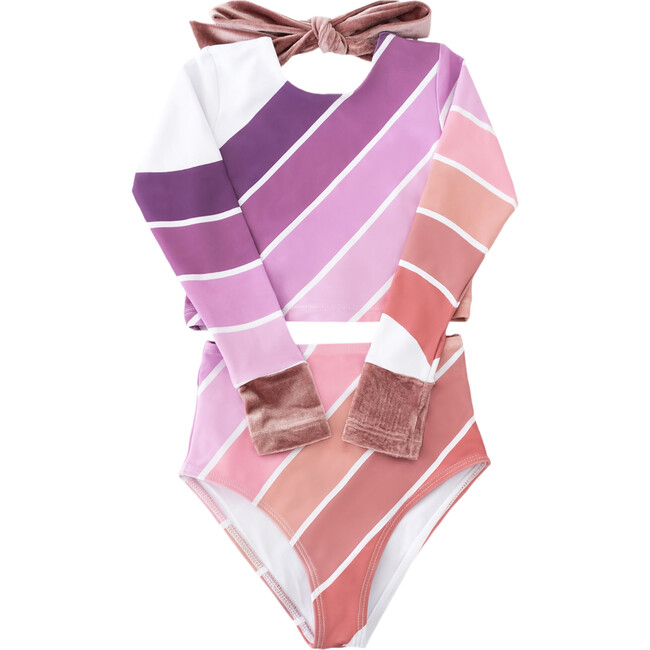 Long Sleeve Velvet Cuff & Back Tie 2-Piece Swimsuit, Purple Sands Rainbow
