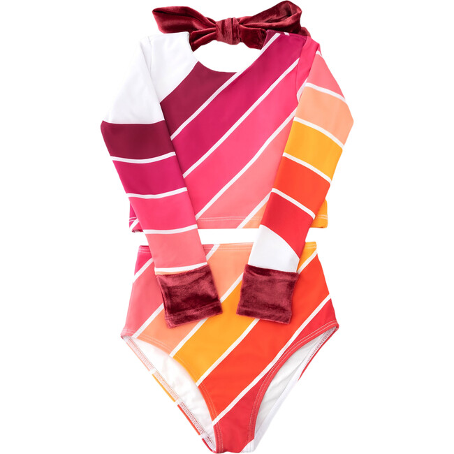 Long Sleeve Velvet Cuff & Back Tie 2-Piece Swimsuit, Sunset Beach Rainbow