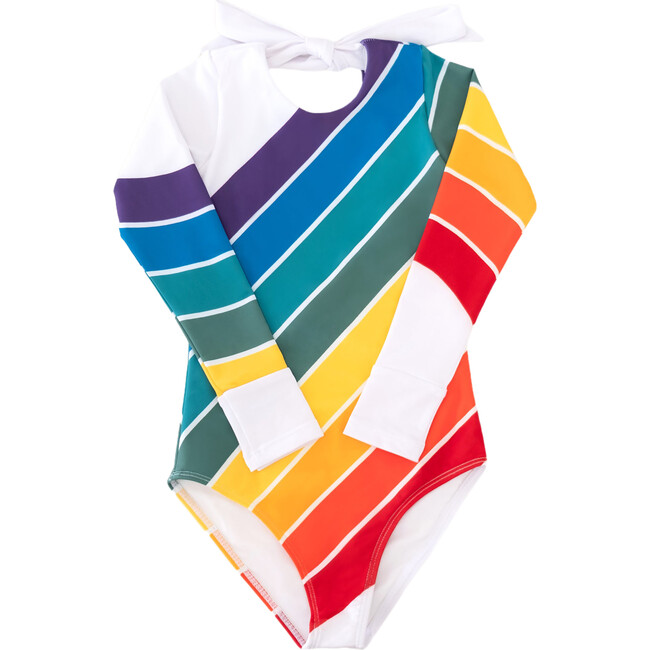 Long Sleeve Back Tie One-Piece Swimsuit, Forever Summer Rainbow