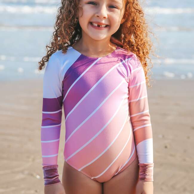 Long Sleeve Velvet Cuff & Back Tie One-Piece Swimsuit, Purple Sands Rainbow - One Pieces - 2