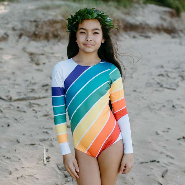 Long Sleeve Back Tie One-Piece Swimsuit, Forever Summer Rainbow - One Pieces - 2