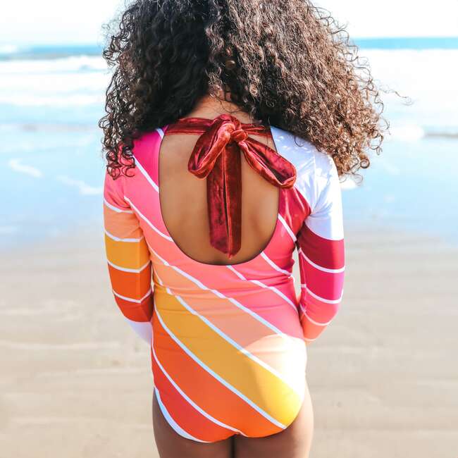 Long Sleeve Velvet Cuff & Back Tie One-Piece Swimsuit, Sunset Beach Rainbow - One Pieces - 4