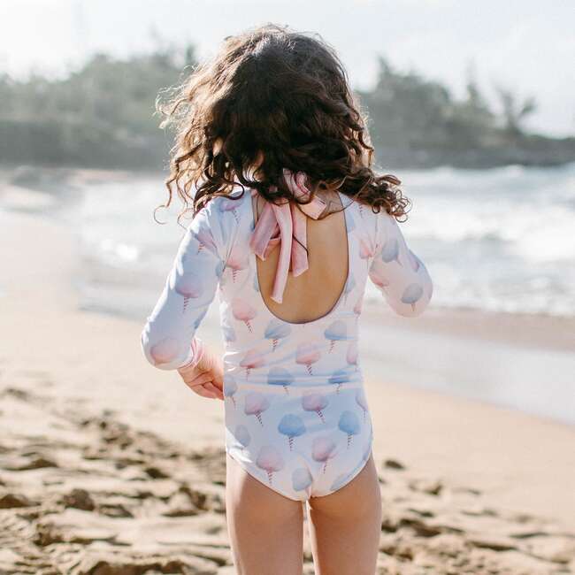 Long Sleeve Velvet Cuff & Back Tie One-Piece Swimsuit, Cotton Candy - One Pieces - 4