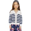 Isla Stripes Blouson Sleeve Crop Cardigan, Ivory & Navy - Cardigans - 1 - thumbnail