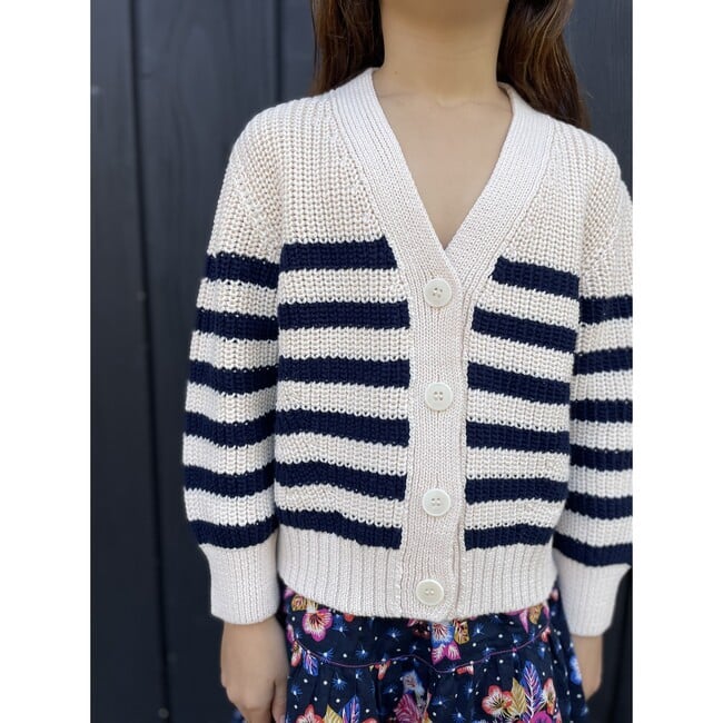 Isla Stripes Blouson Sleeve Crop Cardigan, Ivory & Navy - Cardigans - 4