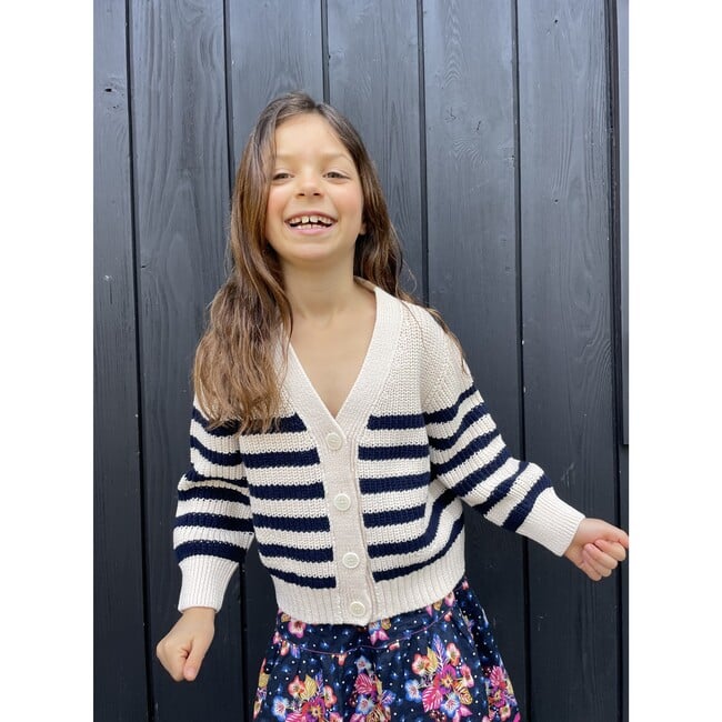 Isla Stripes Blouson Sleeve Crop Cardigan, Ivory & Navy - Cardigans - 6