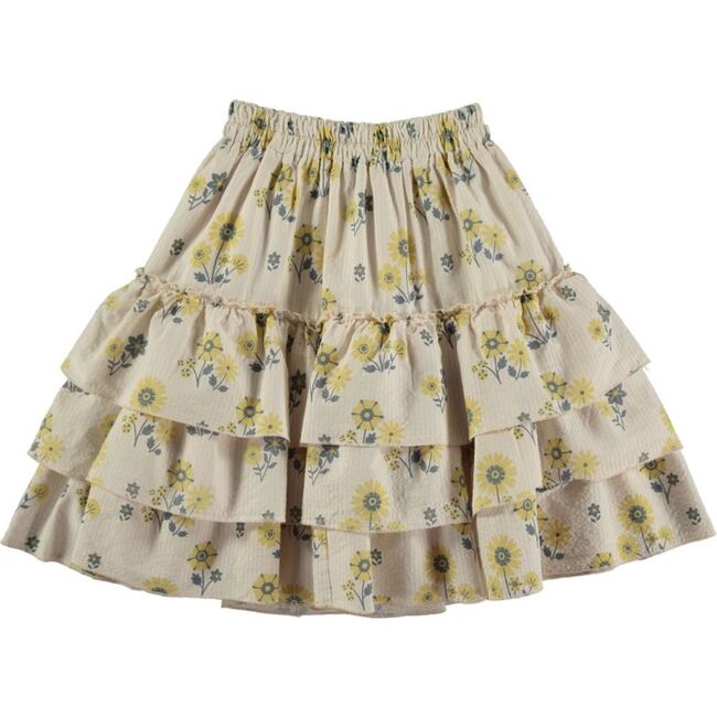 Floral Stripes 3-Tired Ruffle Skirt, Off-White & Yellow
