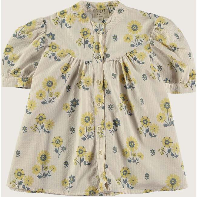 Floral Stripes Round Yoke Bow Puff Sleeve Blouse, Off-White & Yellow