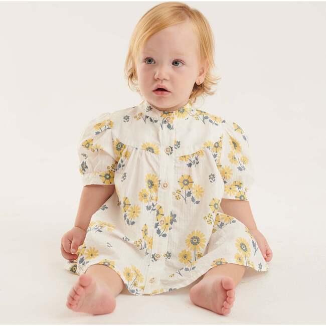 Baby Floral Stripes Round Yoke Bow Puff Sleeve Dress, Off-White & Yellow - Dresses - 2