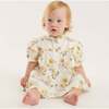 Baby Floral Stripes Round Yoke Bow Puff Sleeve Dress, Off-White & Yellow - Dresses - 2