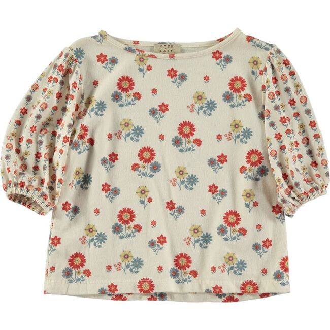 Patch Floral Print Round Neck Balloon Sleeve Blouse, Multicolors