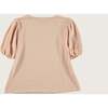 Patch Round Neck Balloon Sleeve Jersey Blouse, Pink - Blouses - 2