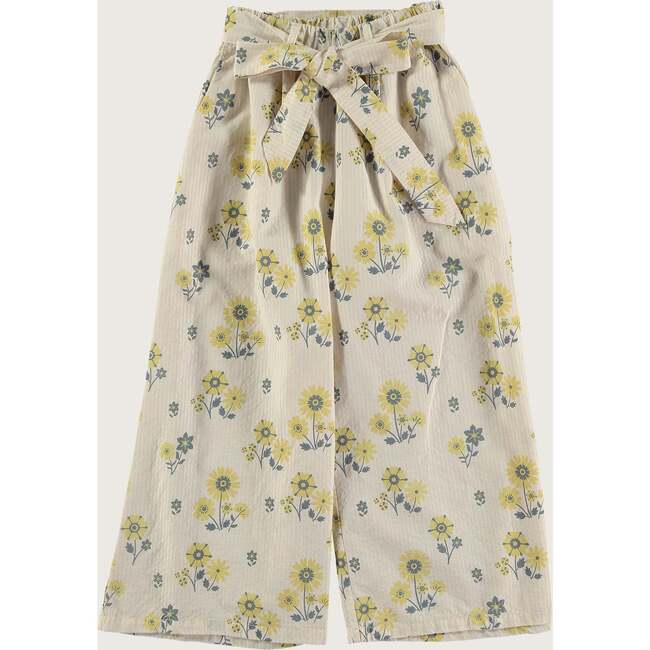 Floral Stripes Front Pleats Wide Pants, Off-White & Yellow