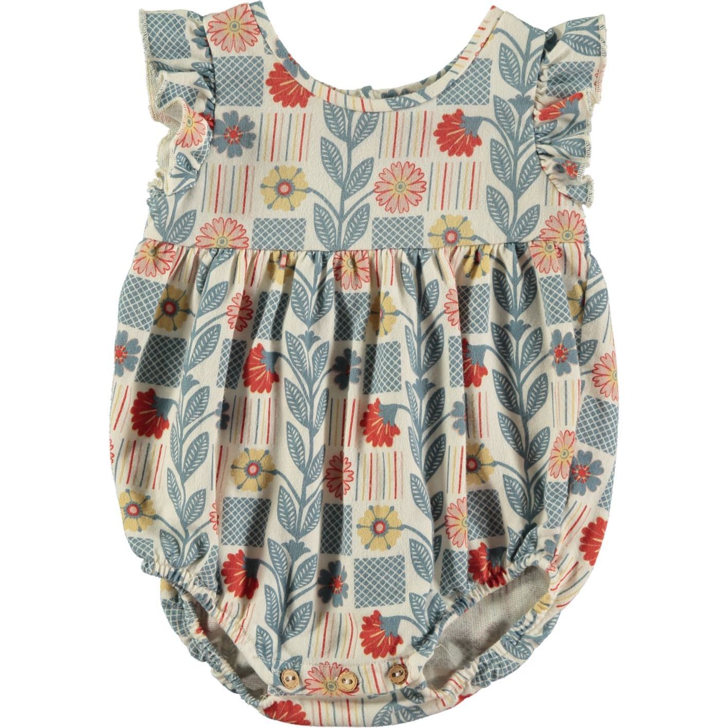 Tiles Floral & Geometric Print Ruffle Sleeve Romper, Grey & Multicolors - Rompers - 1