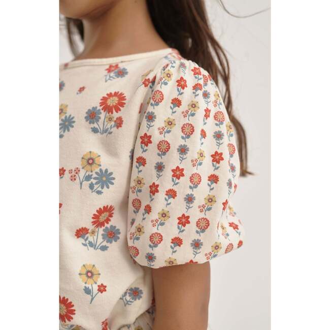 Patch Floral Print Round Neck Balloon Sleeve Blouse, Multicolors - Blouses - 4