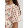 Patch Floral Print Round Neck Balloon Sleeve Blouse, Multicolors - Blouses - 4