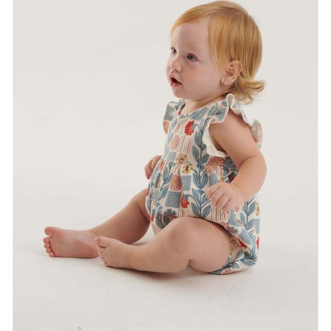 Tiles Floral & Geometric Print Ruffle Sleeve Romper, Grey & Multicolors - Rompers - 4