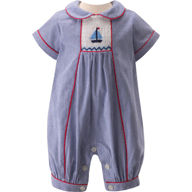 Sailboat Print Striped Smocked Babysuit, Blue & Ivory