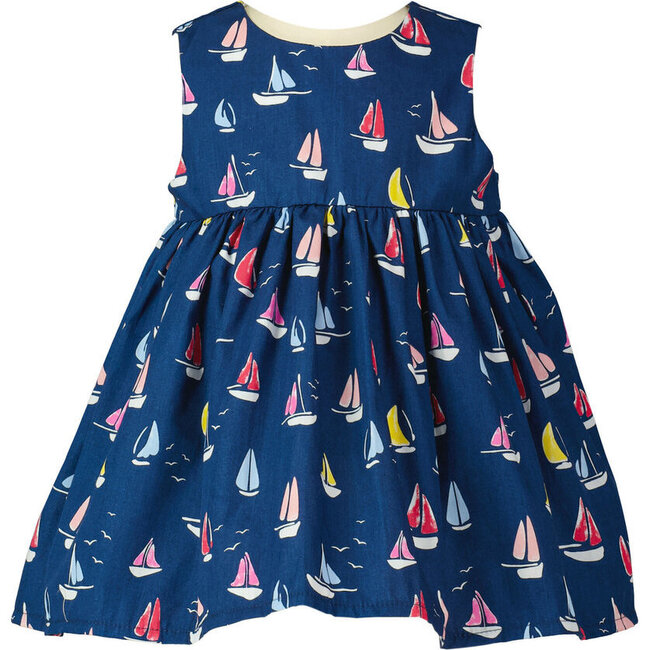 Sailboat Print Sleeveless Dress & Bloomers, Navy & Multicolors
