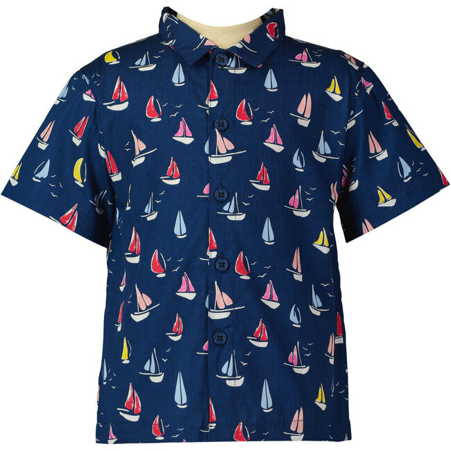Sailboat Print Short Sleeve Shirt, Navy