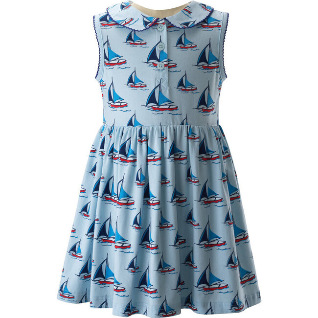 Sailboat Print Half-Button Jersey Dress, Blue