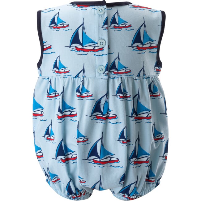 Sailboat Print Gathered Waist Bubble, Dark Blue & Red - Rompers - 2