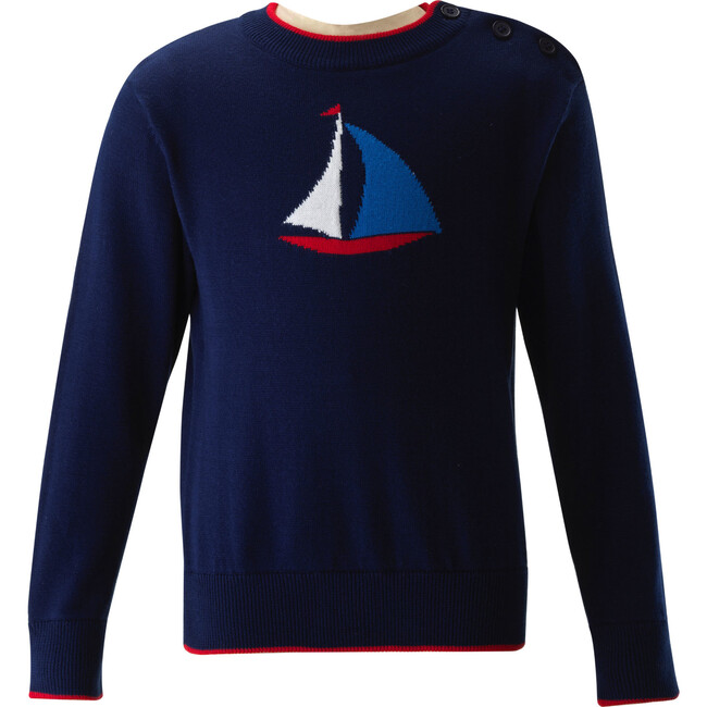 Sailboat Intarsia Sweater, Navy & Red
