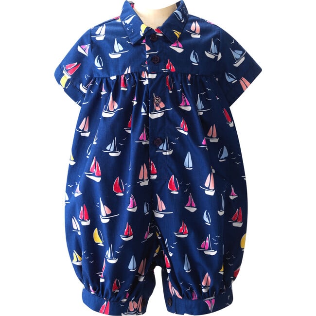 Sailboat Print Classic Collar Babysuit, Navy - Rompers - 2