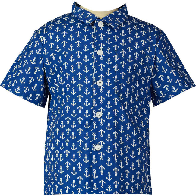 Mini Anchor Print Short Sleeve Slim-Fit Shirt, Blue