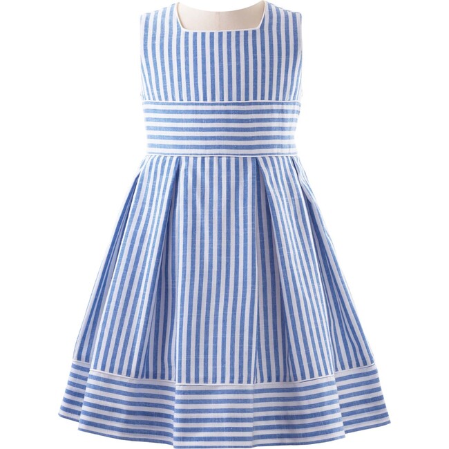Oxford Striped Sleeveless Pleated Dress, Blue