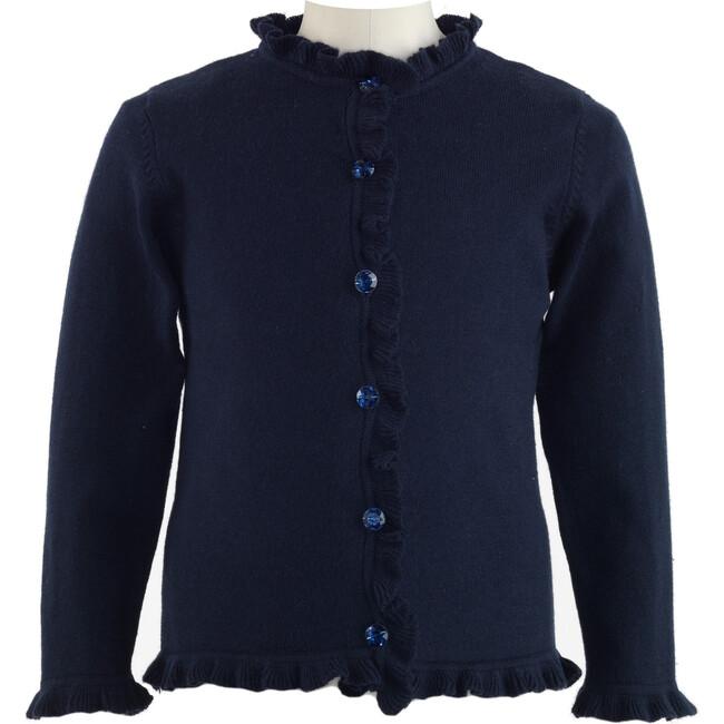 Jeweled Button Frilled Cardigan, Navy