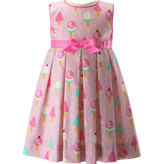 Ice Cream Print Bow Waist Dress & Bloomers, Pink