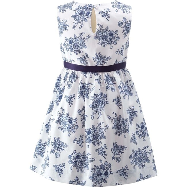 Floral Print Sash Tie Toile Dress, Navy - Dresses - 2