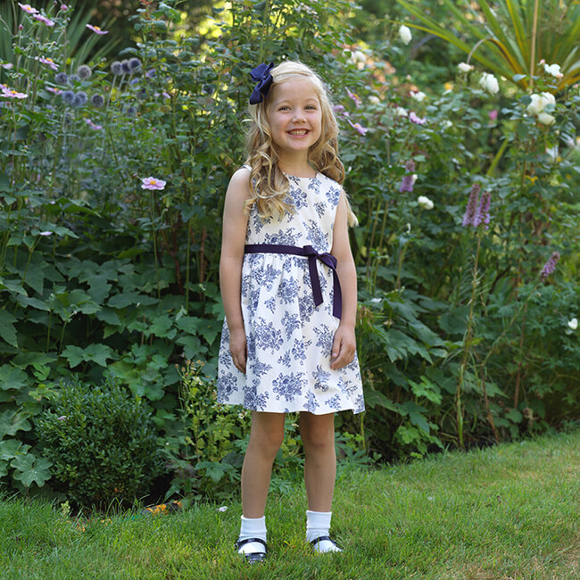 Floral Print Sash Tie Toile Dress, Navy - Dresses - 3