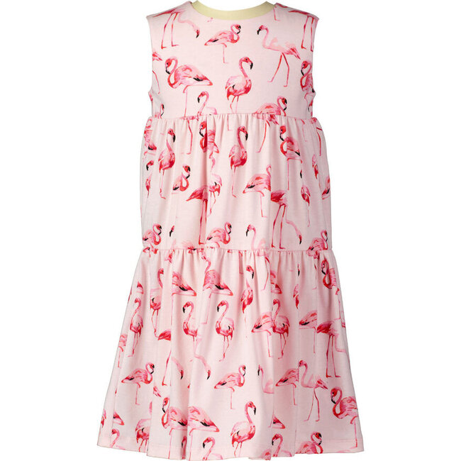 Flamingo Print Sleeveless Tiered Jersey Dress, Pink