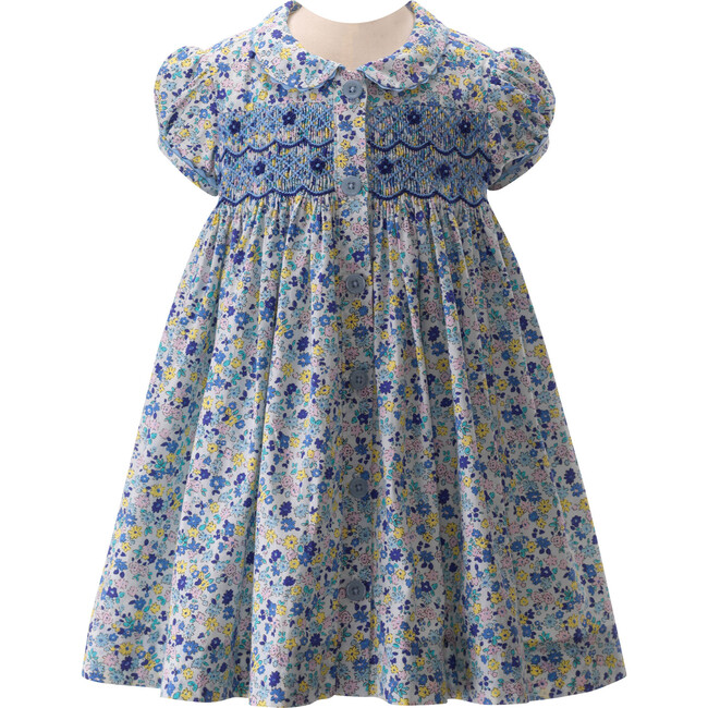 Pastel Floral Smocked Button-Front Dress & Bloomers, Blue