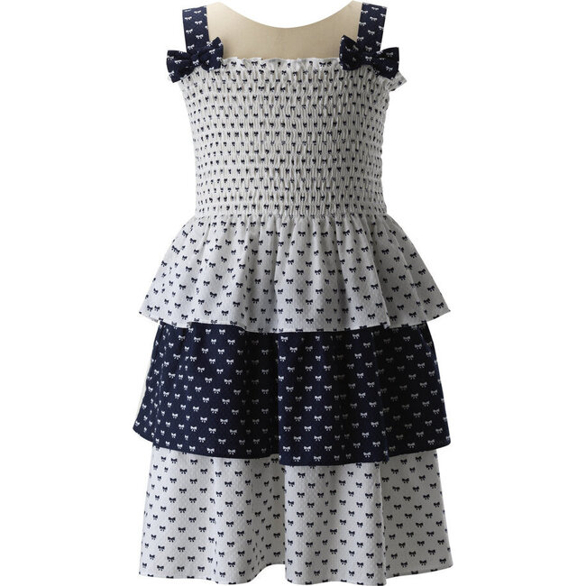 Bow Ruched Bodice Tiered Sundress, Navy & Ivory