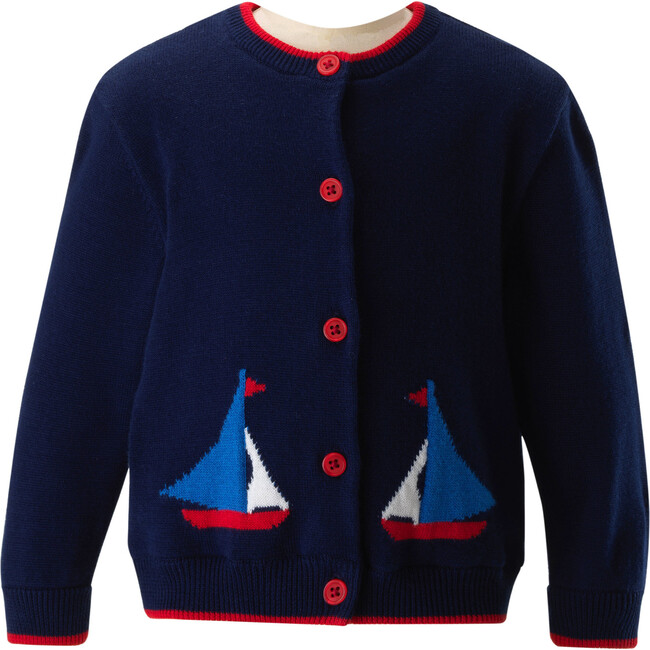 Baby Sailboat Intarsia Cardigan, Navy & Red