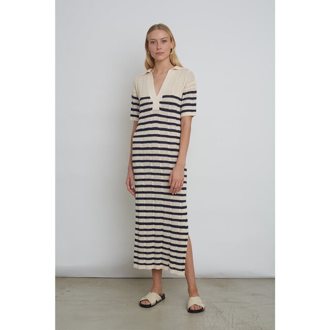 Women's Emmie Stripe Dress, Ivory and Navy Stripe - Dresses - 8